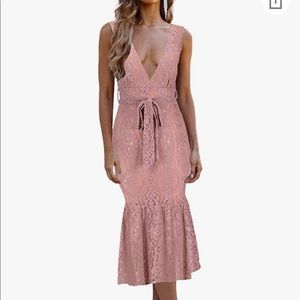 Lace Deep V-Neck Sleeveless dress - pink